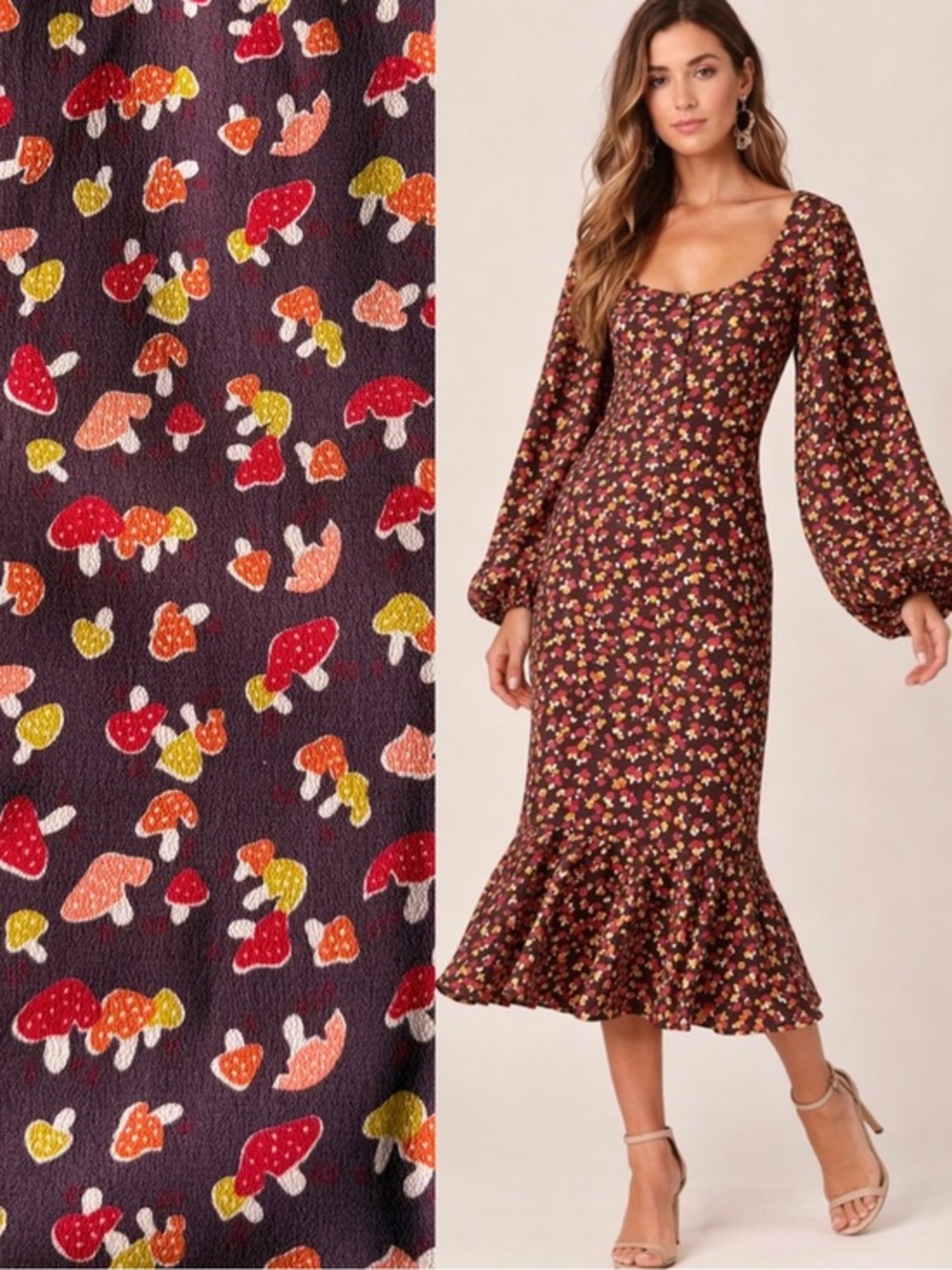 Staud Lara Mushrooms Brown Orange Long Sleeve Midi Dress S